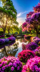 A serene garden scene with a tranquil pond