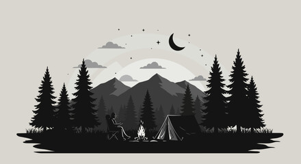 Serene Mountainous Landscape with a Cozy Campsite Under a Crescent Moon and Starry Sky