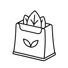 Minimalist Line Drawing of Eco-Friendly Bag Filled with Leaves and Leaf Symbol – Monochrome Sustainable Product Illustration