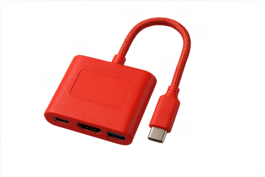 Red usb hub with hdmi and usb 3.0 ports on transparent background