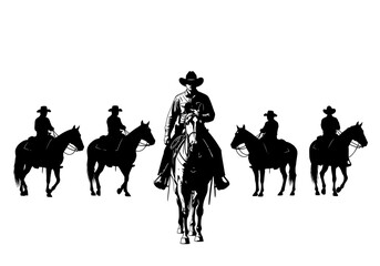 A Group of Cowboys Riding Their Horses Across the Open Plains in a Stylized Black and White Illustration Showing Their Silhouette against a White Background