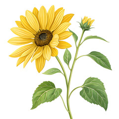 Obraz premium Vibrant yellow sunflower with bud and leaves isolated on a transparent background bloom green png file 