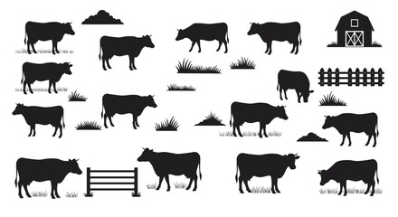 Collection of Diverse Silhouettes Representing Various Farm Animals and Rural Countryside Elements Illustrating Pastoral Agricultural Life