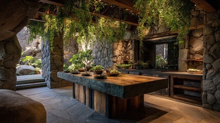 Rustic Outdoor Kitchen with Stone Walls and Hanging Greenery
