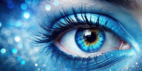 Fototapeta premium Close-up of a bright blue eye surrounded by delicate eyelashes and a subtle shimmer effect