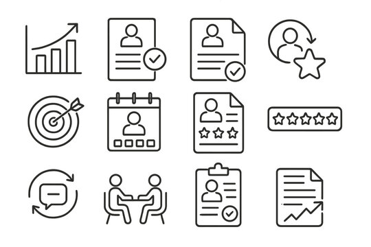 Performance Management Icons. Line style icons of performance management: KPI chart icon, performance review, 360 feedback form,