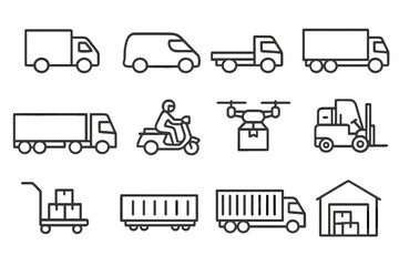 Logistics Vehicle Icons. Line style icons of logistics vehicles: delivery truck icon, cargo van symbol, flatbed truck, box truck,