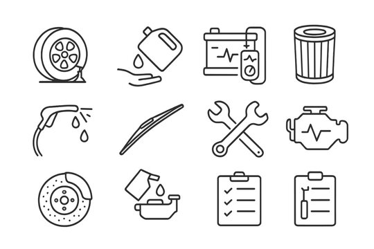 Vehicle Maintenance Icons. Line style icons of vehicle maintenance: tire replacement icon, oil change symbol, car battery test,