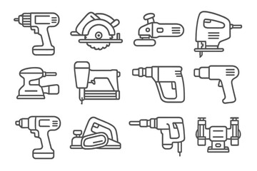 Power Tools Icons. Line style icons of power tools: cordless drill, circular saw, angle grinder, jigsaw icon, electric sander,