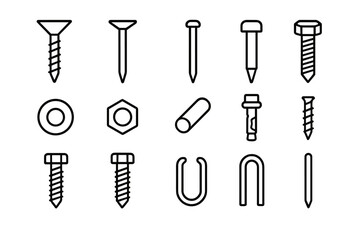 Obraz premium Carpentry Fastener Icons. Line style icons of carpentry fasteners: wood screw, finishing nail, brad nail, bolt icon, washer icon,