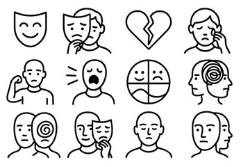 Dual Emotion Icons. Line style icons of internal vs external emotion: smiling mask, frown behind smile, open heart vs closed,
