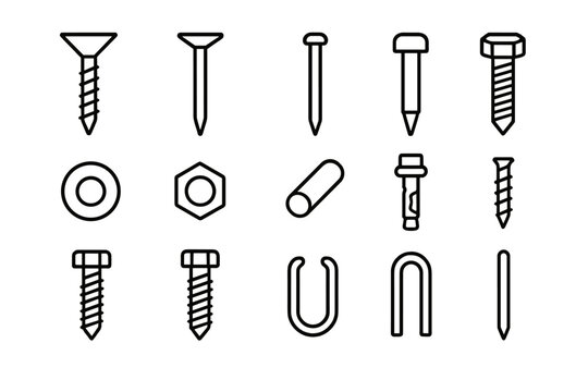 Carpentry Fastener Icons. Line style icons of carpentry fasteners: wood screw, finishing nail, brad nail, bolt icon, washer icon,