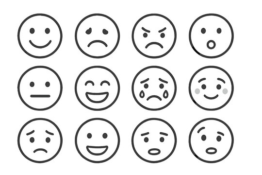 Emotion Icons Collection. Line style icons of basic emotions: happy face, sad face, angry face, surprised face, neutral face,