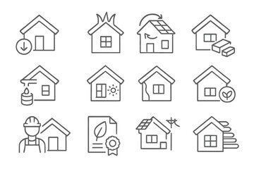 Fototapeta premium Sustainable Real Estate Icons. Line style icons of sustainable real estate: passive house, green roof, solar facade, reclaimed