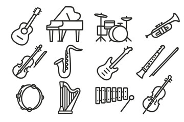 Music Instruments Icons. Line style icons of music instruments: acoustic guitar, grand piano, drum set, trumpet icon, violin bow,