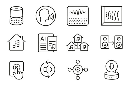 Smart Audio Line Icons. Line style icons of smart audio tech: smart speaker, voice command icon, sound recognition, room acoustics