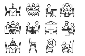 Dining Experience Icons. Line style icons of dining experiences: candlelight table, group dining icon, romantic dinner, family