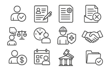 Employment Law Icons. Line style icons of employment law: employee rights icon, labor contract, workplace policy icon, termination