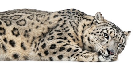 Obraz premium Leopard Lying Down on White Background with Spotted Fur and Intense Blue Eyes