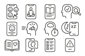 Mental Health Icons. Line style icons of mental health apps and tools: mood tracker app, meditation app, journaling app,