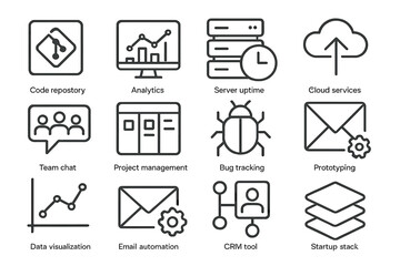 Tech Tools Icons. Line style icons of tech startup tools: code repository icon, analytics dashboard, server uptime icon, cloud