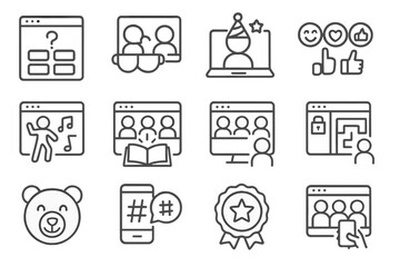 Remote Team Icons. Line style icons of remote team building: online trivia night, virtual coffee chat, remote birthday celebration