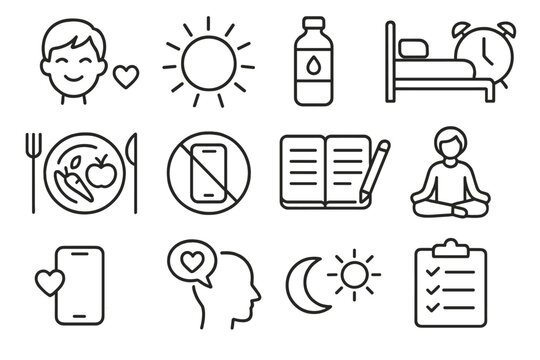Daily Mental Wellness Icons. Line style icons of daily mental hygiene: morning affirmation icon, sunlight icon, hydration reminder