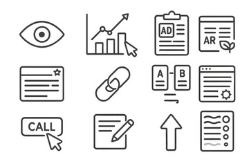 Digital Marketing Icons. Line style icons of CTR and impressions: impressions eye icon, CTR percentage chart, click path icon, ad