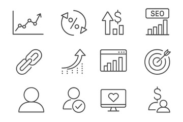 SEO KPI Icons. Line style icons of SEO KPIs: organic traffic chart, conversion rate icon, revenue from SEO, keyword rankings,