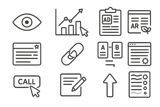 Digital Marketing Icons. Line style icons of CTR and impressions: impressions eye icon, CTR percentage chart, click path icon, ad