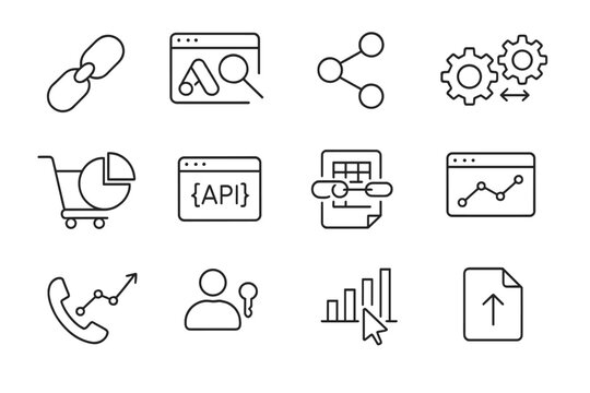 Analytics Integration Icons. Line style icons of analytics integrations: Google Ads link, Google Search Console, Data Studio icon,