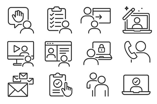 Customer Onboarding Icons. Line style icons of customer onboarding: welcome message icon, onboarding checklist, getting started