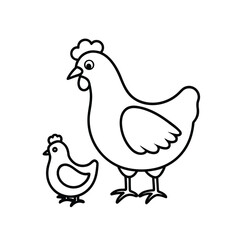 Minimalist Line Drawing of Adult Chicken and Chick Facing Each Other in Monochrome Outline Style