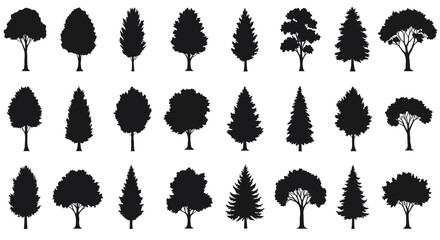 Collection of Diverse Silhouetted Trees Offering a Variety of Shapes and Sizes for Naturalistic Design Elements in Graphics and Illustrations Showcasing Woodland and Arboretum Scenes