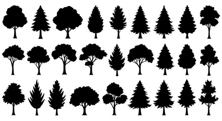 Collection of Diverse Tree Silhouettes Representing Various Forest Species and Woodland Ecosystems for Design and Illustration Purposes