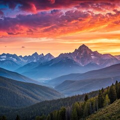 Beautiful Sunrise Over Mountain Range with Colorful Sky Panoramic Natural Landscape