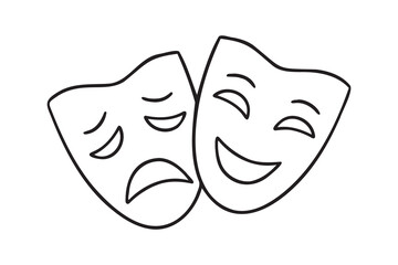 Two ancient traditional theatrical mask. greek game human masks doodle hand drawn icon. Outline drawing Comedy and tragedy mask line clipart symbol