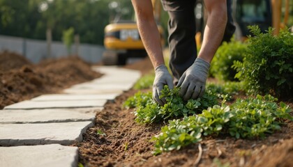 Landscape designer places shrubs, plants. Construction site with stones path, excavator blurred background. Gardener hands work with soil ground in garden. Design, nature, landscaping concept.