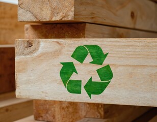 Bright green recycling symbol painted on raw pine wood. Environmental protection, eco-friendly concept, sustainability. Recycled timber, reclaimed wood. Nature, woodwork, carpenter, construction,
