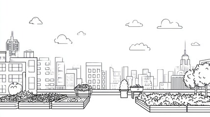 Fototapeta premium Urban rooftop garden scene, black and white line drawing