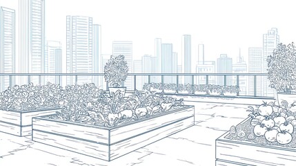 Rooftop urban garden sketch, city view