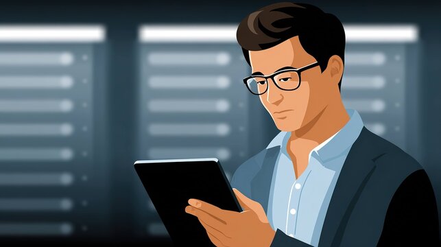 Businessman using tablet in server room - Powered by Adobe