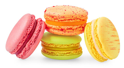 Macaron cookies isolated on white background. French macarons cake or macaroons in a stack....