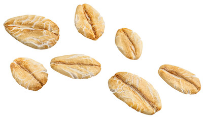 Levitating Oat flakes isolated on white background.Rolled oat flakes falling in the air. Flying oats Explosion. Top view. Flat lay