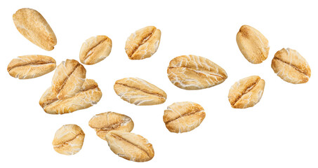 Levitating Oat flakes isolated on white background.Rolled oat flakes falling in the air. Flying oats Explosion. Pattern