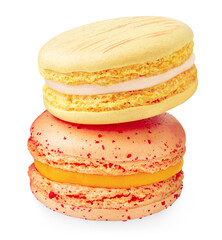 Macaron cookies isolated on white background. French macarons cake or macaroons in a stack. Macarons desert.