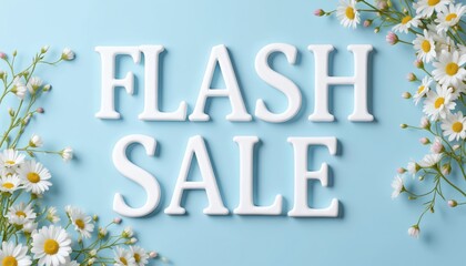 Bold white 3D letters spell FLASH SALE on soft blue background. Delicate white daisies, green leaves adorn sides, creating fresh spring aesthetic. Ideal for seasonal promotions, retail advertising