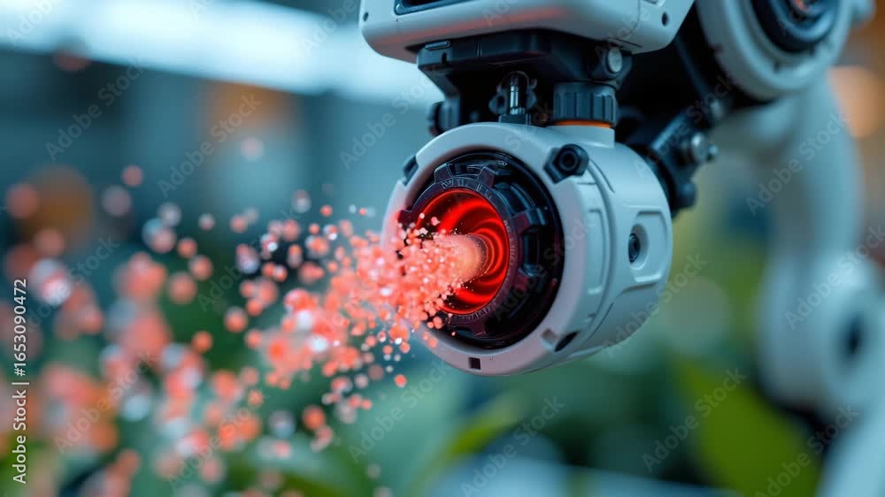 Poster cybernetic gaze: capturing a futuristic robotic arm, a keen lens emits an eye-catching beam of light
