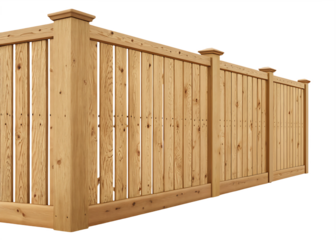 Wooden fence panels with posts isolated on a transparent background