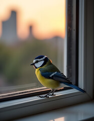 A stunning blue tit bird resting on a windowsill during golden hour with the city blurred in the background.